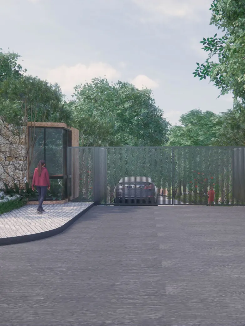 Svamitva Floresta, artistic impression A gated entrance with a stone wall, a glass guard cabin and tall trees