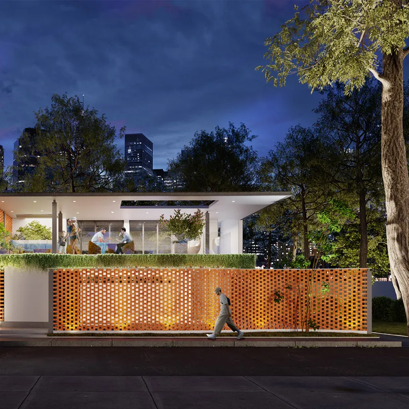 Sylvia City clubhouse by Svamitva, artistic impression The clubhouse lit at dusk behind its brick screen wall