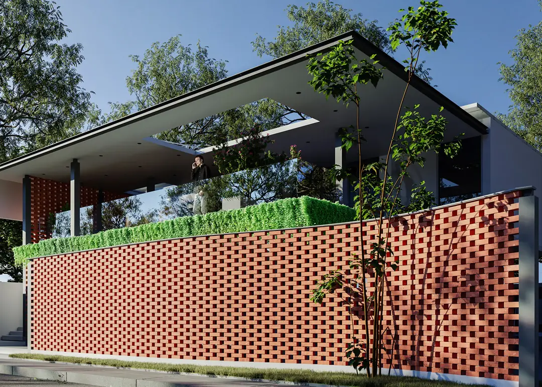 Sylvia City clubhouse by Svamitva, artistic impression A two-level clubhouse with a red brick screen wall and a green roof terrace among trees
